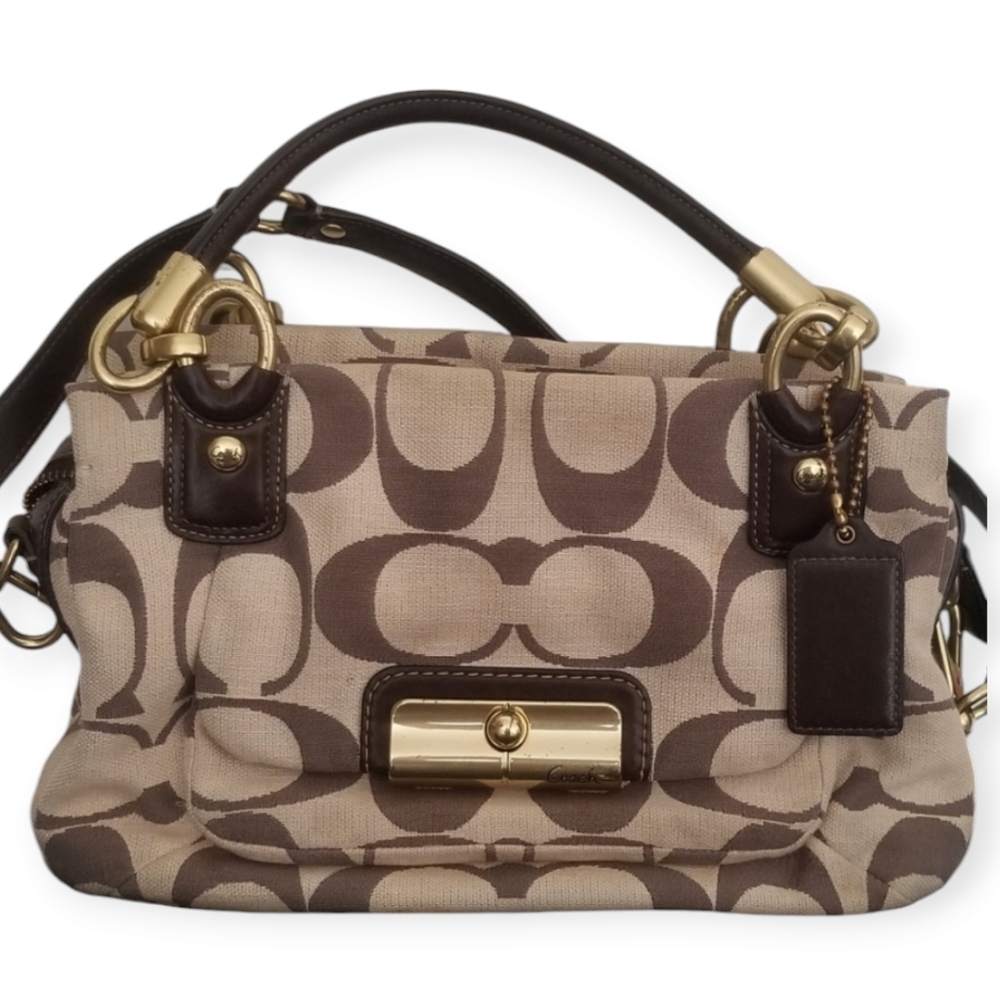 Coach Signature Brown Satchel Purse with gold accents.